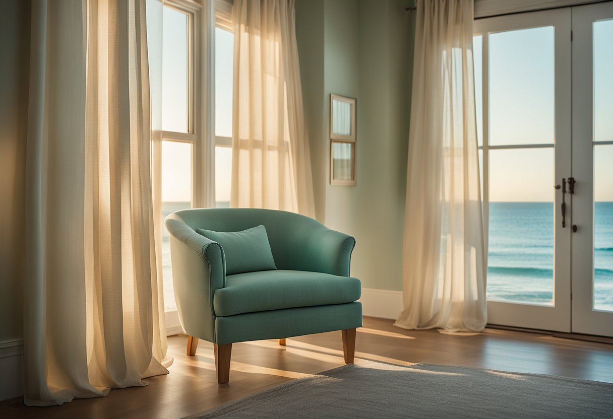 A soft, warm glow filters through sheer curtains, casting gentle shadows on weathered wood furniture and seafoam green accents. The room is bathed in the soft, natural light of a coastal sunrise, creating a serene and inviting atmosphere