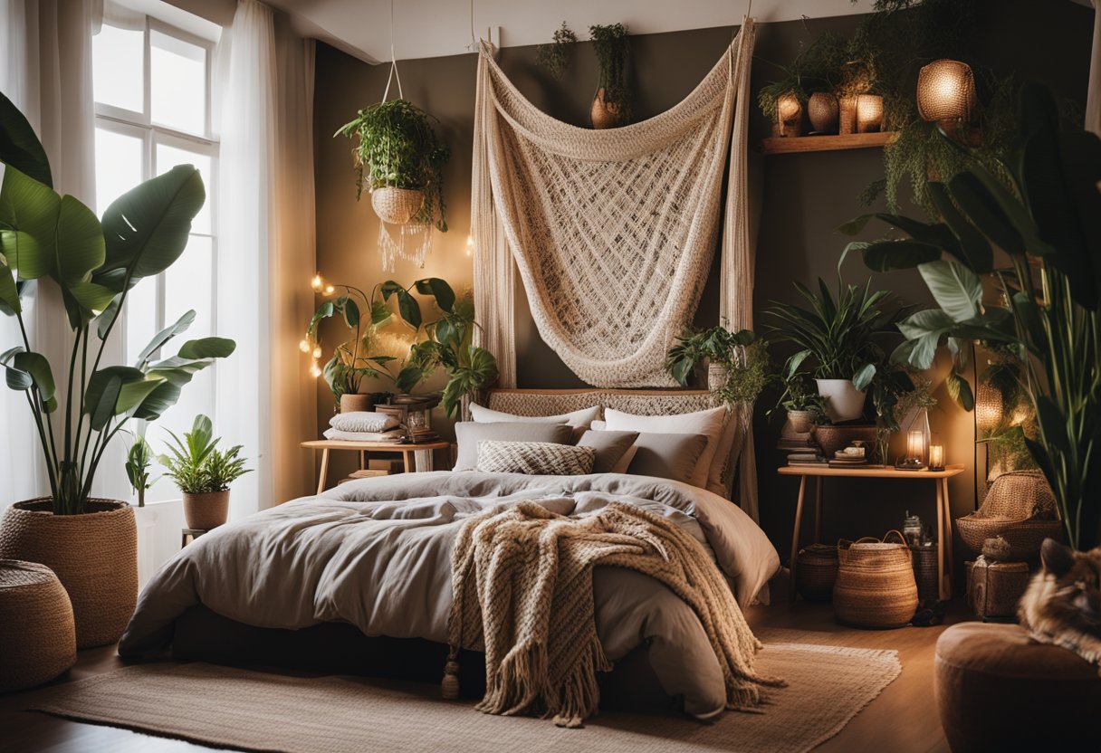 A cozy bedroom with earthy tones, layered textiles, and eclectic decor. A mix of plants, rattan furniture, and hanging tapestries create a bohemian vibe
