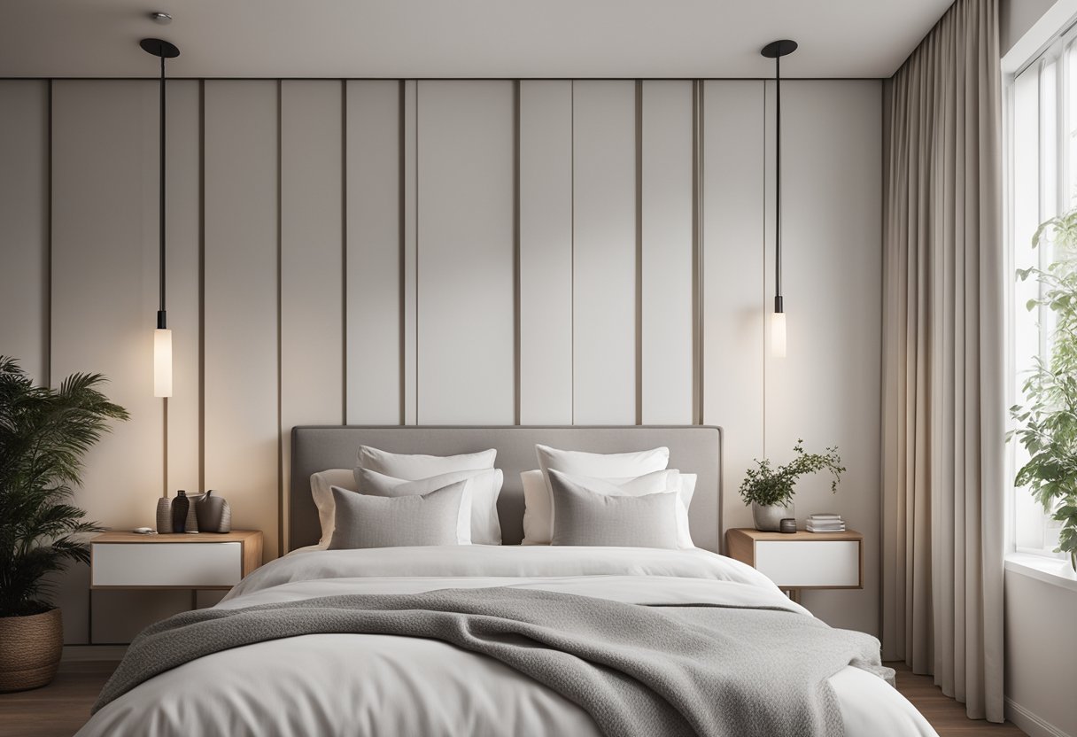 A sleek, minimalist bedroom with clean lines, neutral colors, and natural light streaming in through large windows. A cozy bed with crisp white linens and a few carefully chosen decorative accents