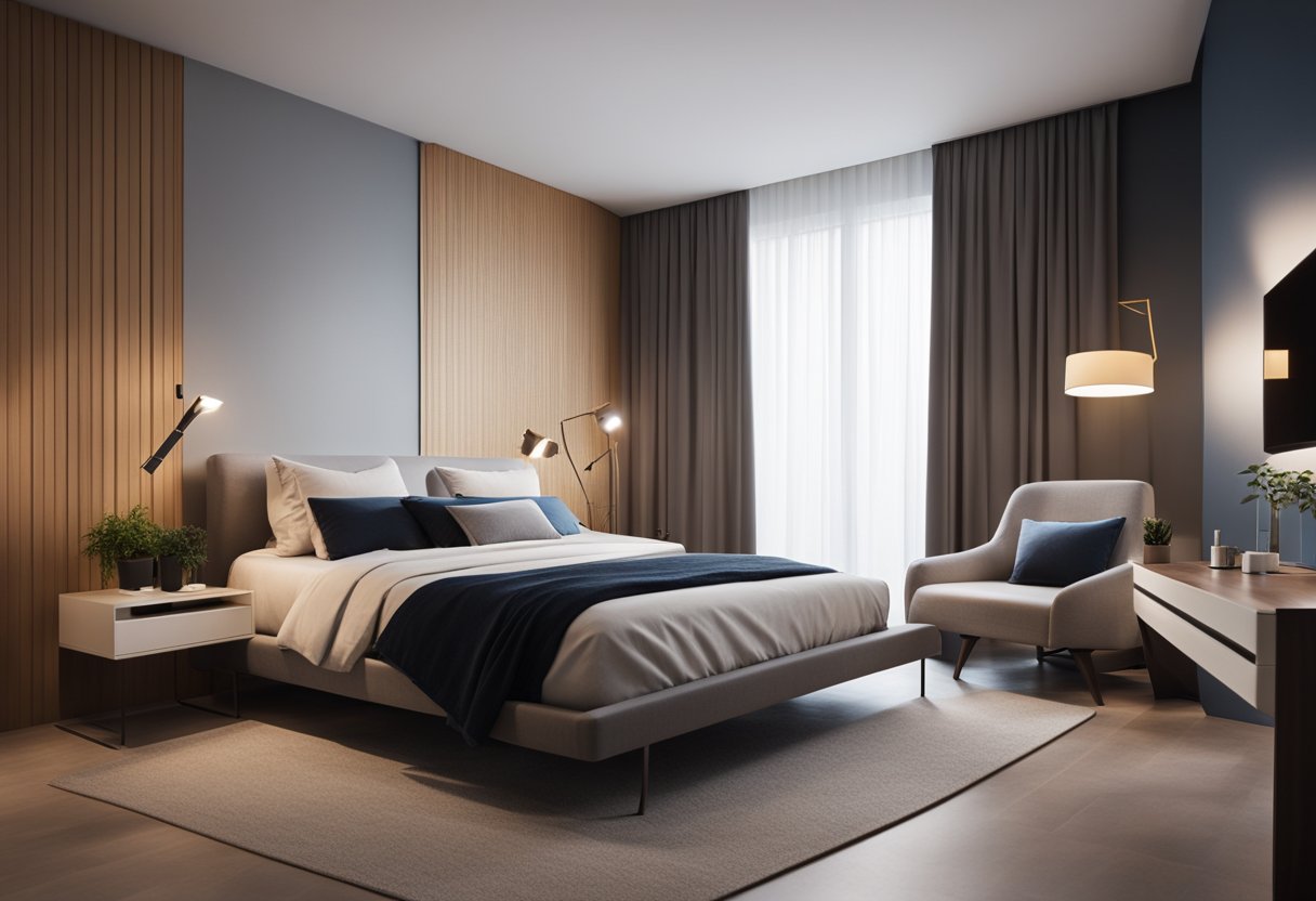 A sleek platform bed sits against a feature wall with a minimalist nightstand and a statement floor lamp. A cozy armchair and a simple dresser complete the modern bedroom