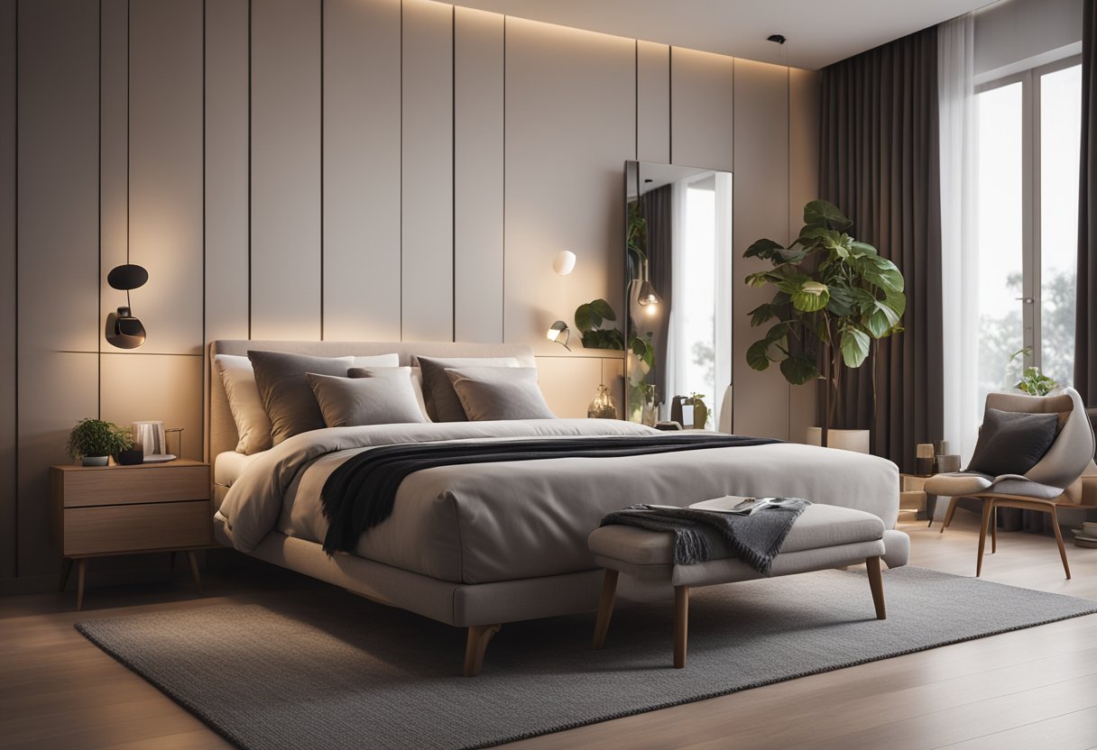 A well-lit modern bedroom with sleek furniture, soft ambient lighting, and cozy accessories, creating a serene and inviting atmosphere for relaxation