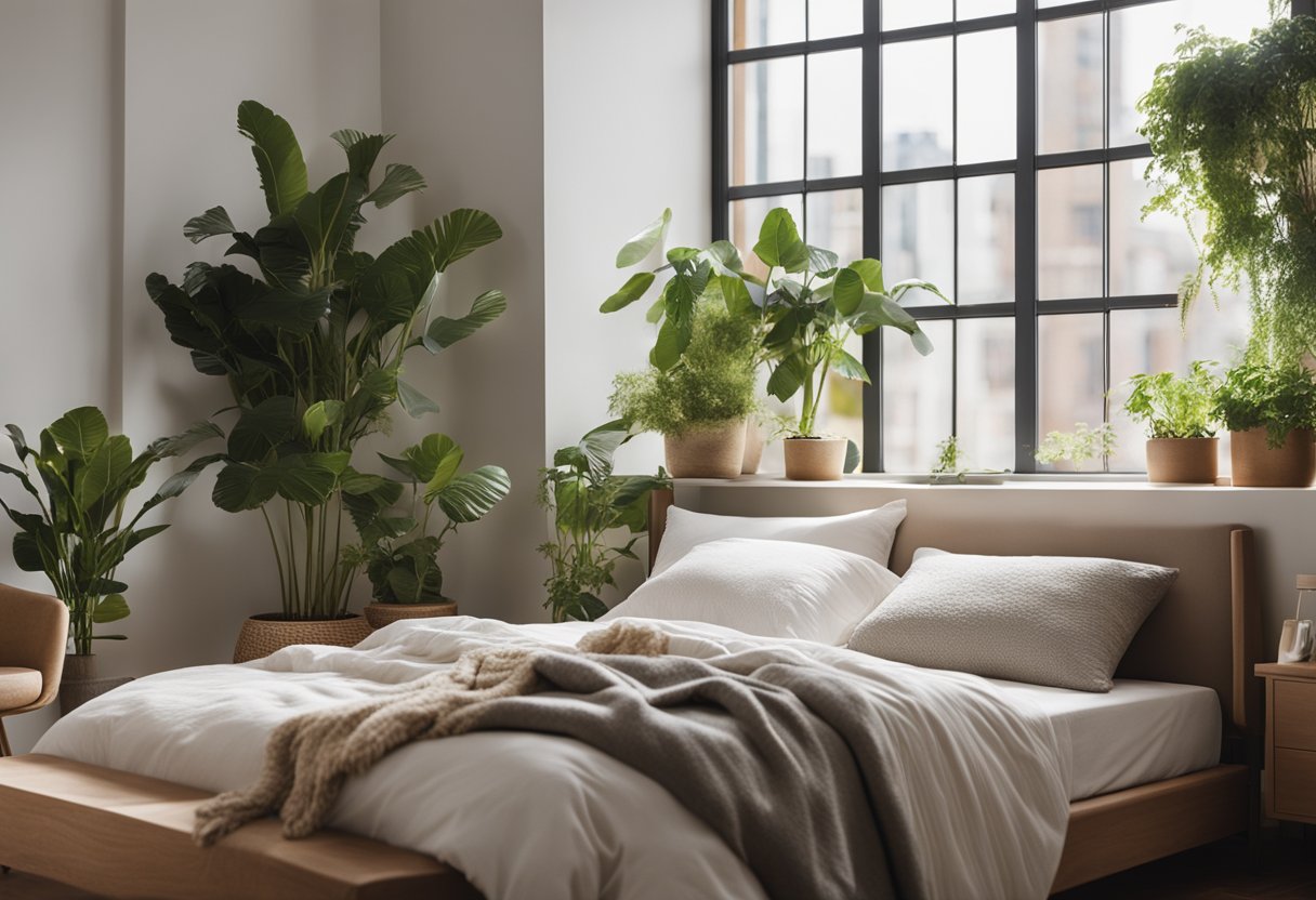 A cozy, minimalist bedroom with neutral tones, soft lighting, and a plush, inviting bed. A large window lets in natural light, and potted plants add a touch of greenery