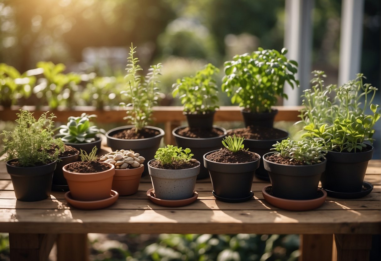 Pots filled with soil, seeds, and small plants arranged on a wooden table in a sunny garden