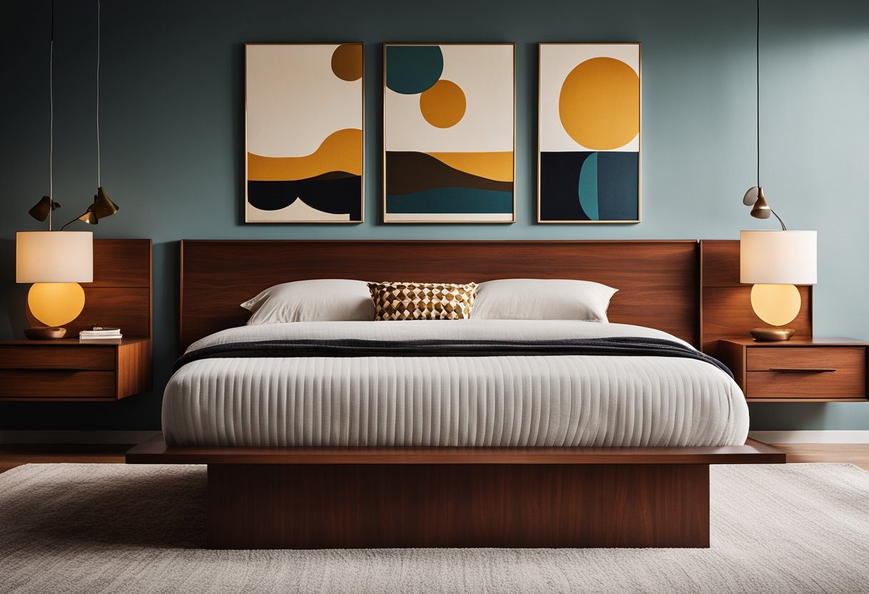 A midcentury modern bedroom with clean lines, minimalistic furniture, and geometric patterns. A sleek platform bed, a low-profile dresser, and a statement lighting fixture. Rich wood tones, bold colors, and abstract art add warmth and character