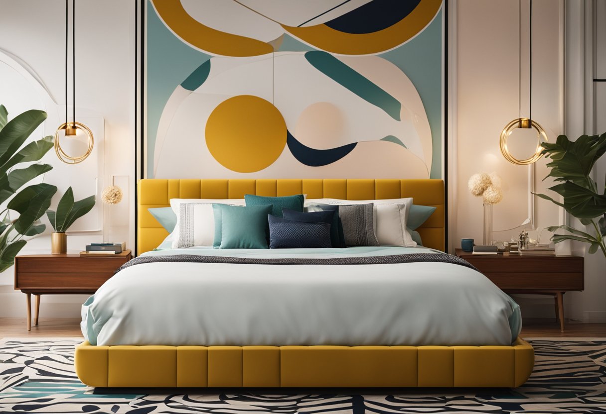 A midcentury modern bedroom with sleek furniture, geometric patterns, and bold colors. A low platform bed with clean lines, a statement lighting fixture, and abstract art on the walls