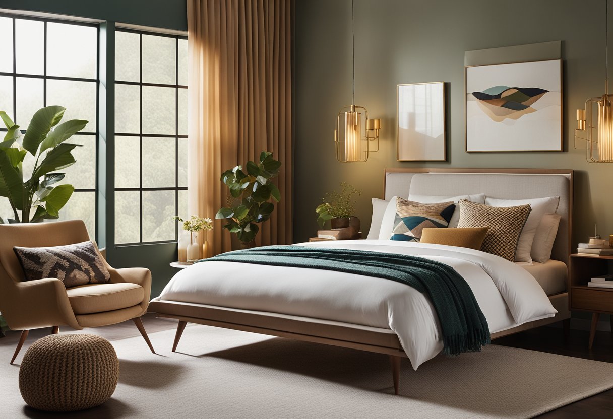 A midcentury modern bedroom with clean lines, sleek furniture, and minimalistic decor. A cohesive color palette of earthy tones and pops of vibrant hues. Iconic midcentury lighting fixtures and geometric patterns add visual interest