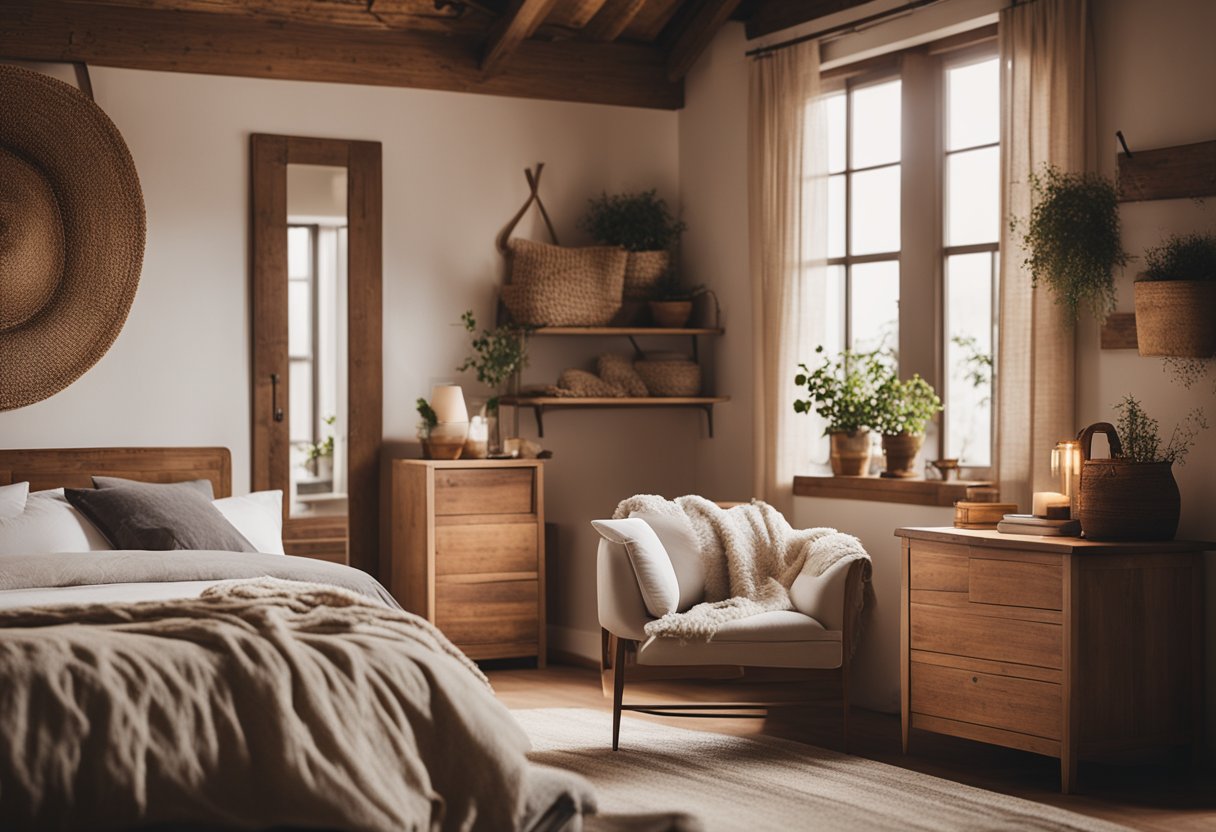 A cozy farmhouse bedroom with wooden furniture, soft linens, and rustic decor. A warm color palette and natural textures create a welcoming and comfortable atmosphere