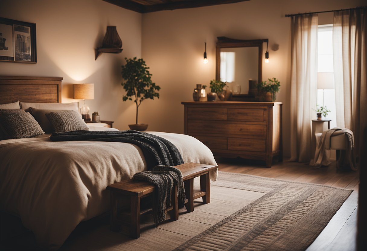 A cozy farmhouse bedroom with warm lighting, casting soft shadows on rustic wooden furniture and textured textiles, creating a welcoming and intimate atmosphere
