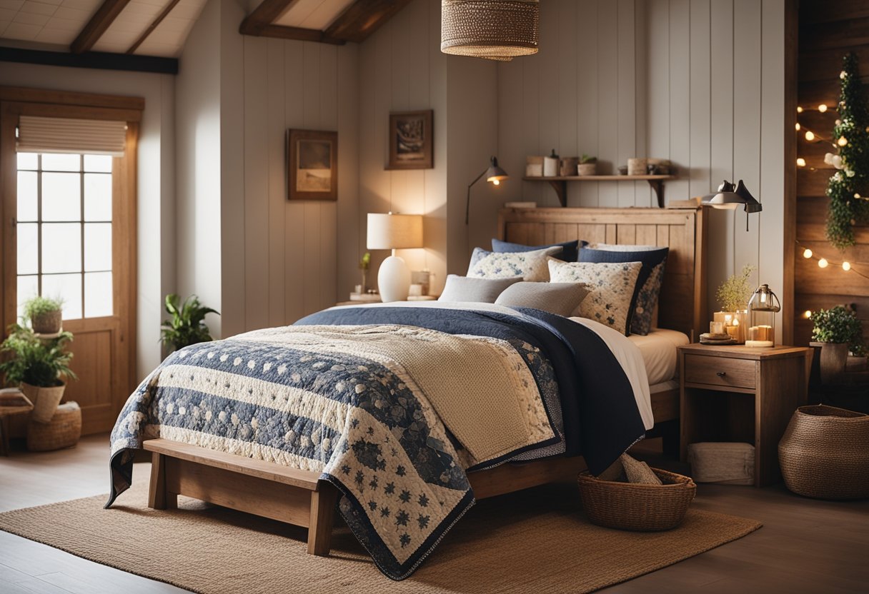 A cozy farmhouse bedroom with DIY projects like handmade quilts, rustic wooden furniture, and soft, warm lighting