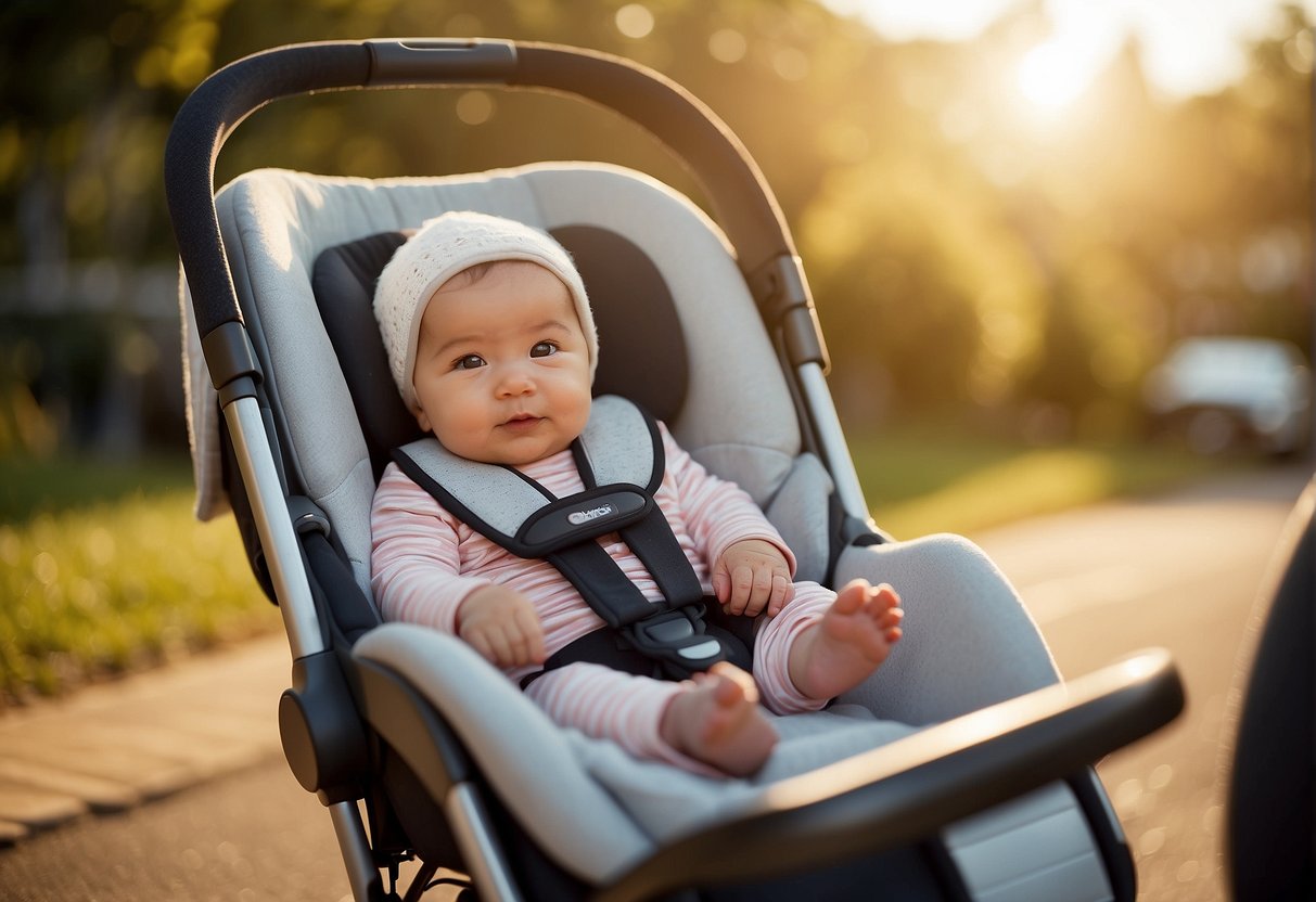 A 4-month-old baby sits comfortably in a pushchair, surrounded by toys and a cozy blanket. The sun shines softly, casting a warm glow on the scene