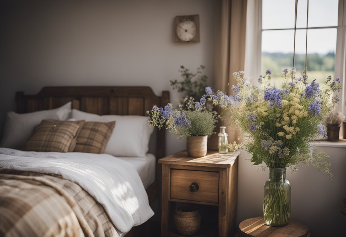 A cozy farmhouse bedroom with rustic wood furniture, soft plaid bedding, and vintage accents like a weathered lantern and a bouquet of wildflowers on a bedside table