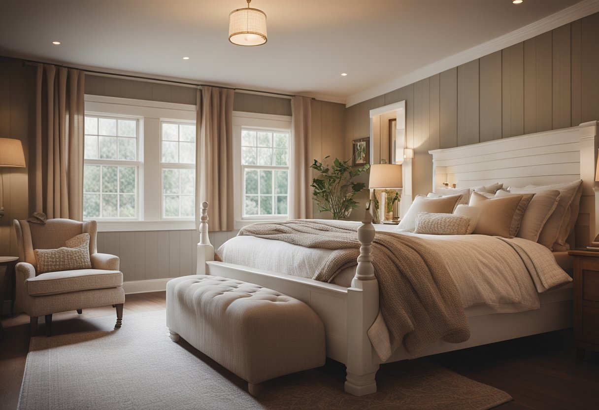 A cozy cottage bedroom with warm, earthy tones. Soft, muted colors create a serene atmosphere. Plaid or floral patterns add a touch of rustic charm