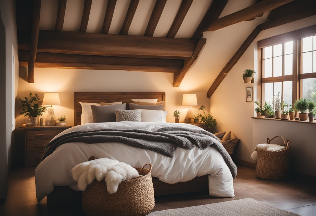 A cozy cottage bedroom with a rustic wooden bed, soft and fluffy bedding, plump pillows, and warm blankets, surrounded by charming decor and soft lighting