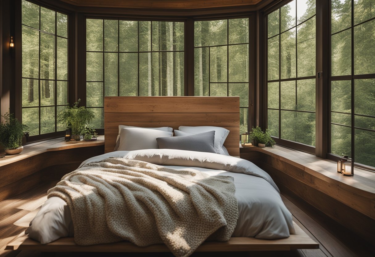 A cozy cottage bedroom with a rustic wooden bed, soft floral bedding, a crackling fireplace, and large windows overlooking a lush, green forest