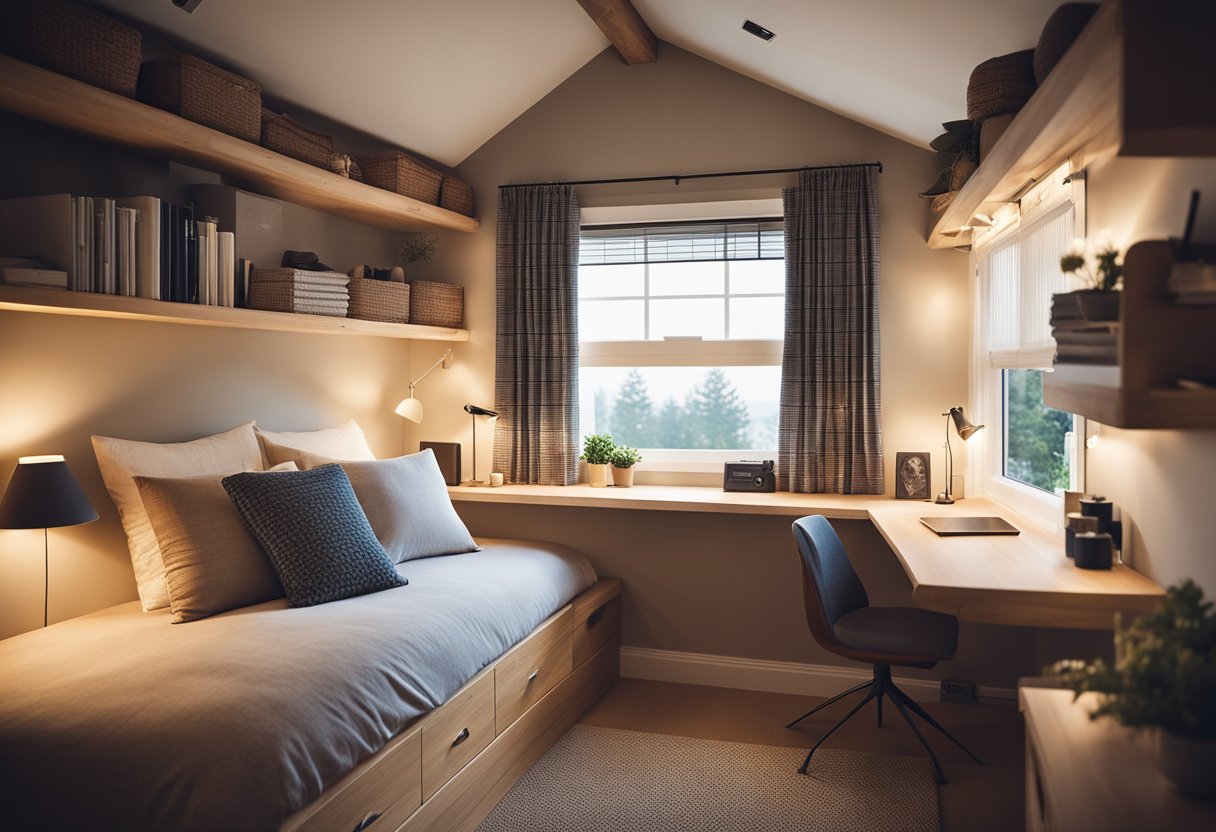 A cozy cottage bedroom with clever storage solutions. A loft bed with built-in drawers, a window seat with hidden compartments, and wall-mounted shelves maximize space. Warm lighting and soft textiles create a welcoming retreat