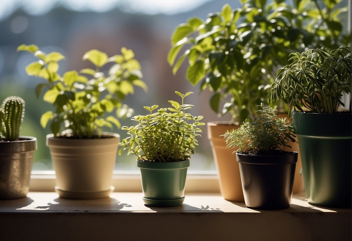 Healthy potted plants in various sized pots, placed on a sunny window sill, with a watering can and gardening tools nearby