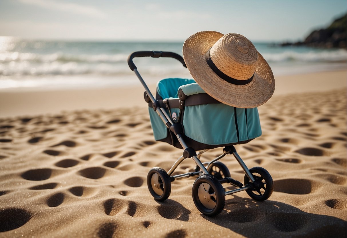 A stroller sits empty on a sandy beach, surrounded by toys and a sun hat. The ocean waves crash in the background