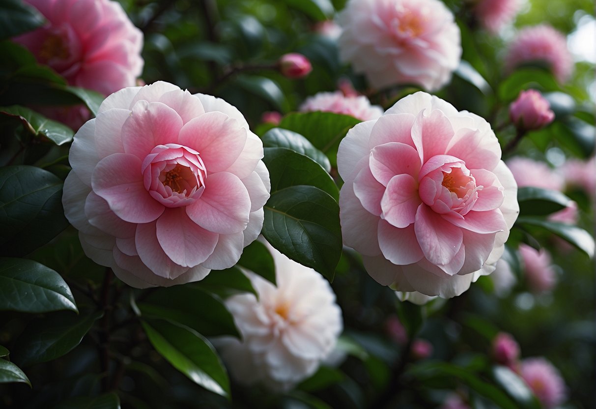 A vibrant camellia tree in full bloom, with pink and white flowers cascading down the branches, surrounded by lush green foliage