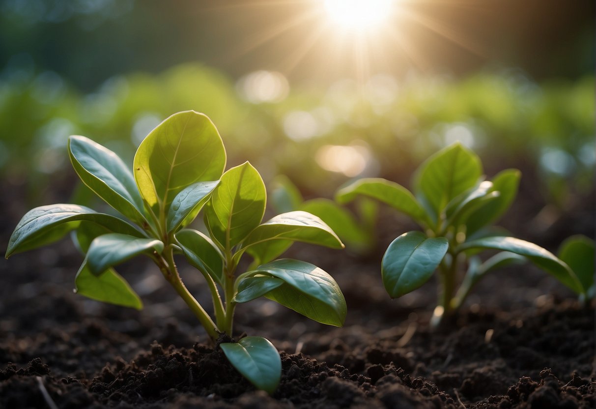 A young camellia tree sprouts from rich, dark soil, its delicate leaves unfurling in the warm sunlight, while a gentle breeze carries the sweet scent of its blossoms