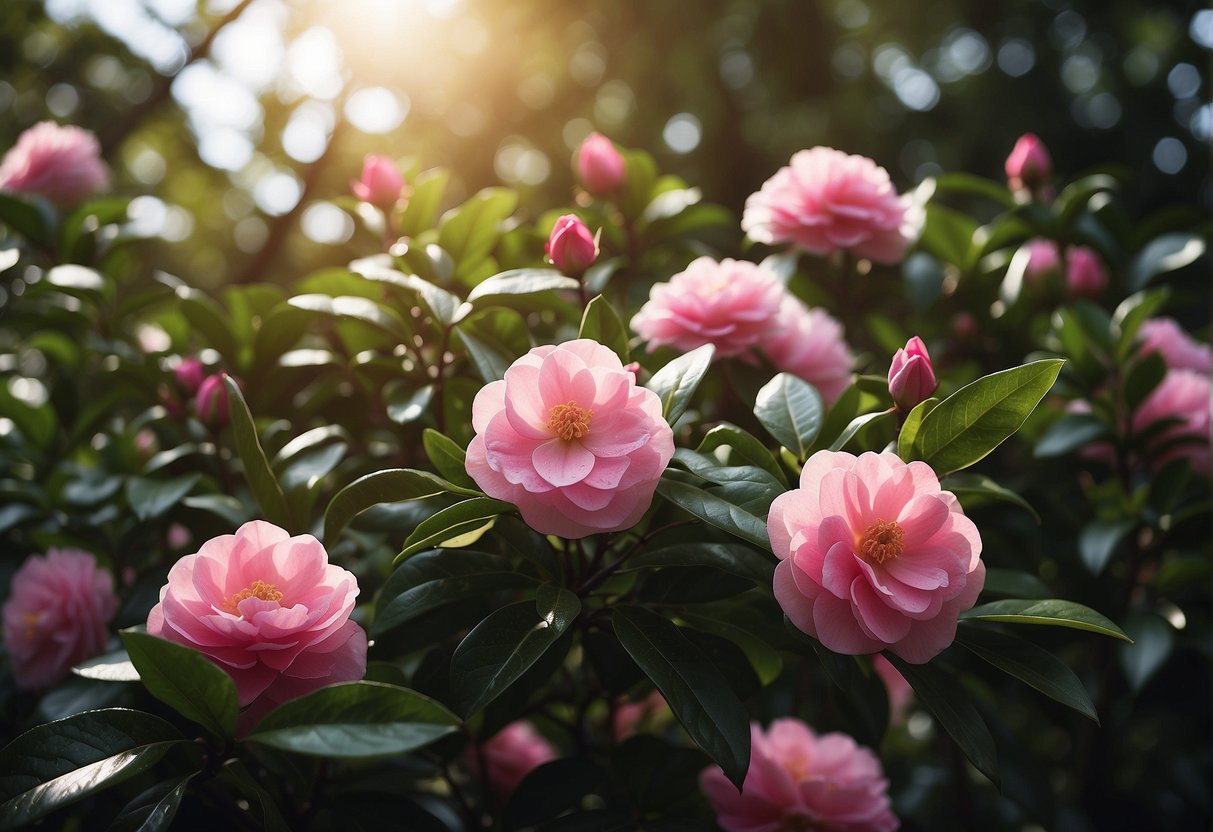 A camellia tree blooms with vibrant pink flowers, surrounded by lush green foliage and dappled sunlight filtering through the branches