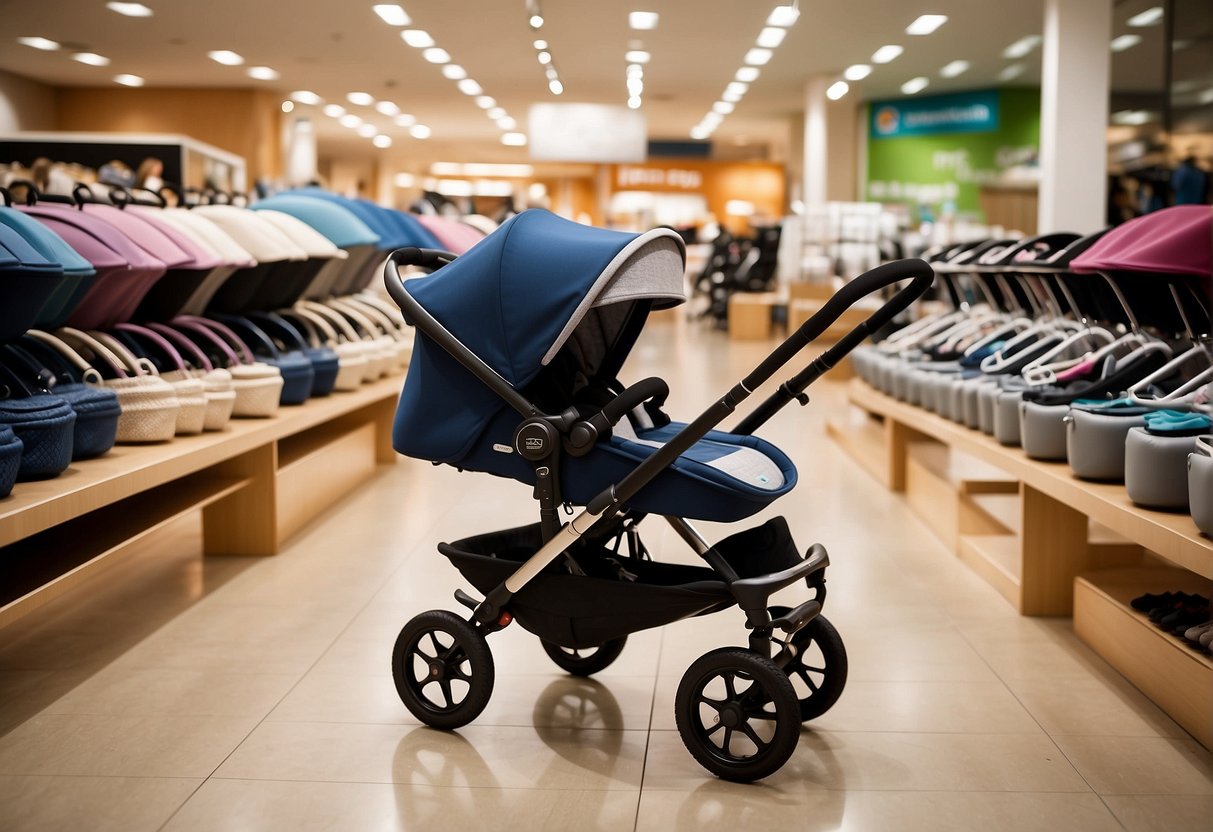 A 2-year-old's pram selection: A variety of prams displayed in a spacious store, with different colors, sizes, and features. Customers browsing and comparing options