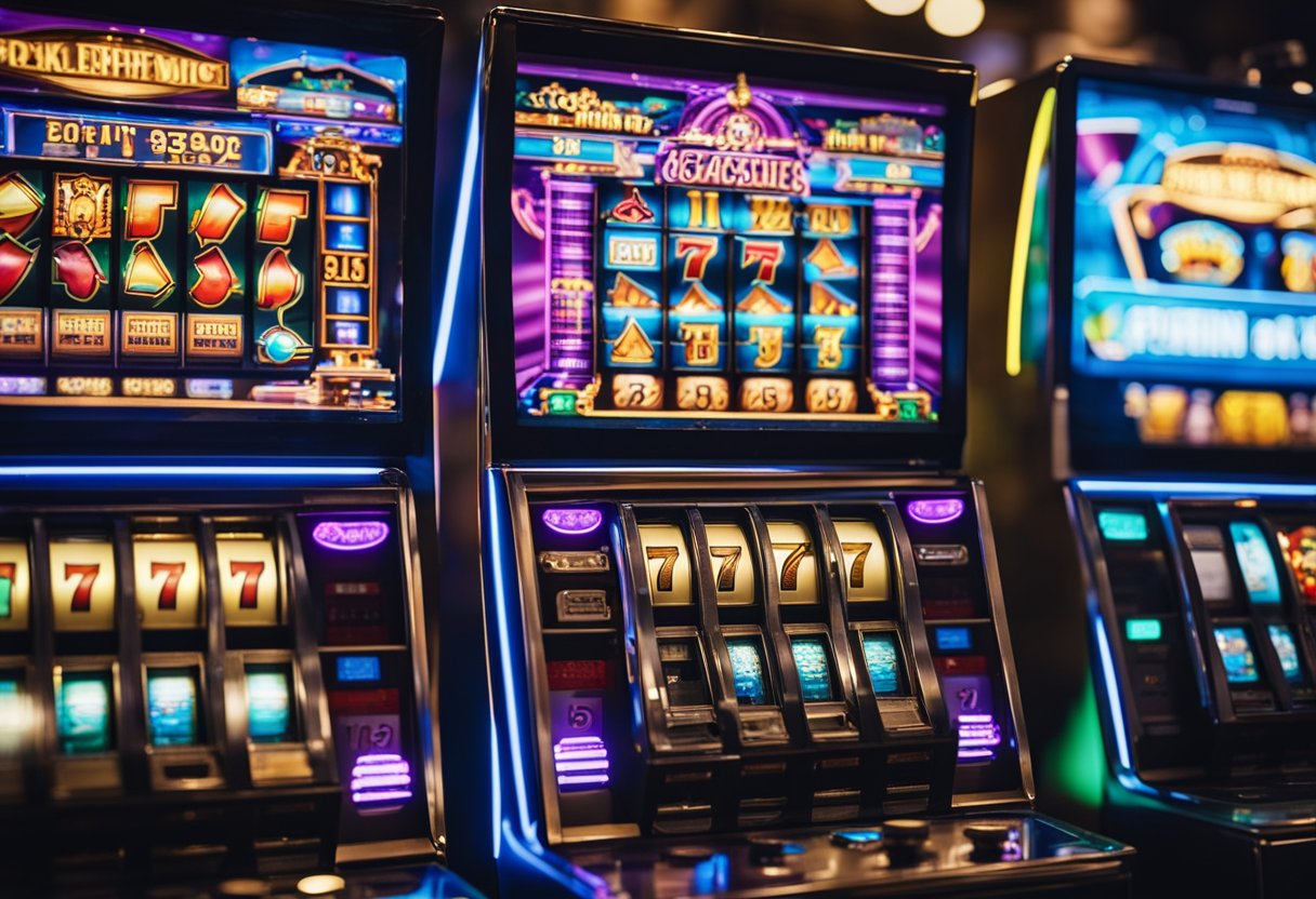 A colorful array of slot machines with flashing lights and spinning reels, surrounded by excited players enjoying free online pokies
