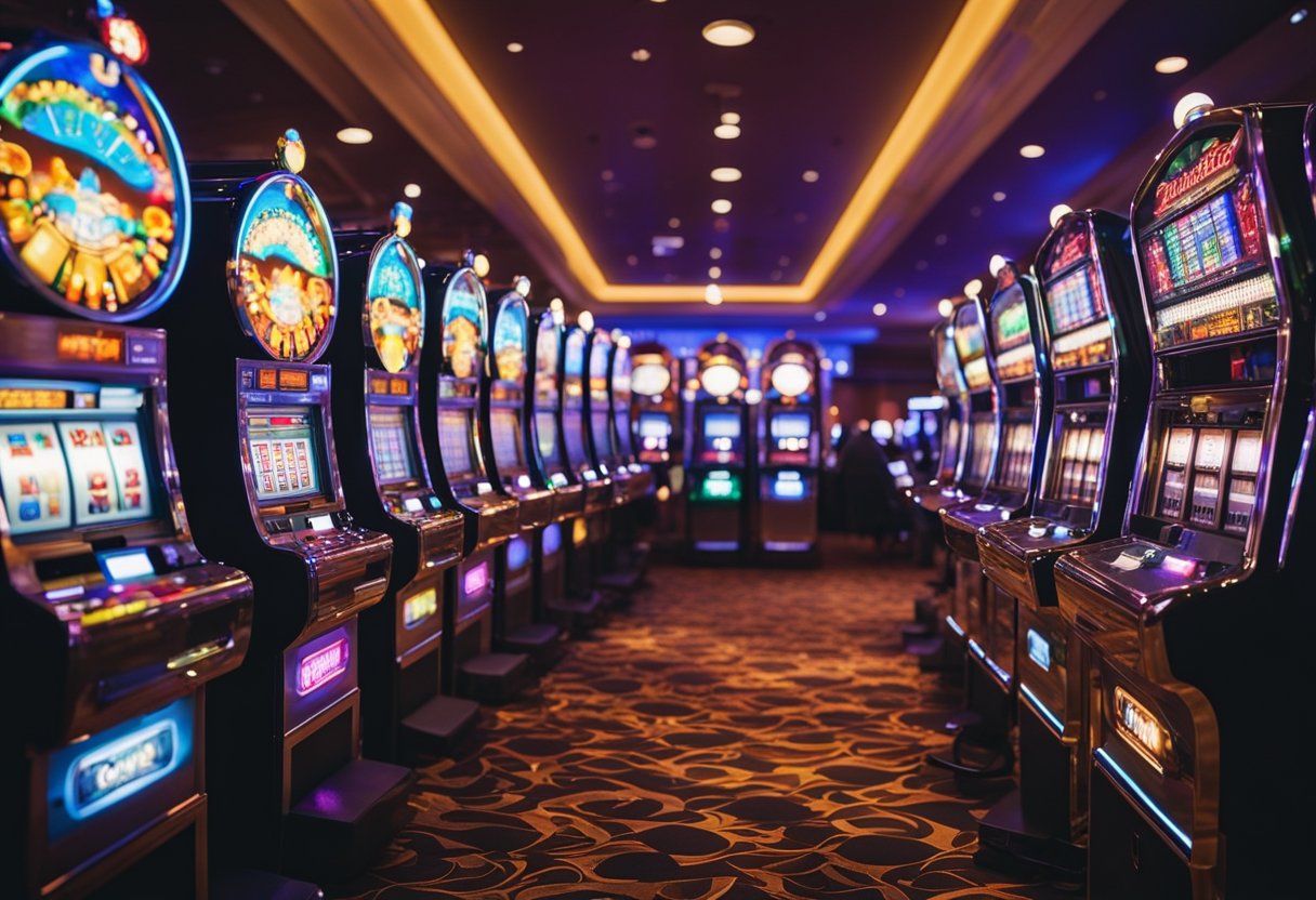 Colorful pokie machines line a vibrant casino floor, flashing lights and spinning reels creating an atmosphere of excitement and anticipation