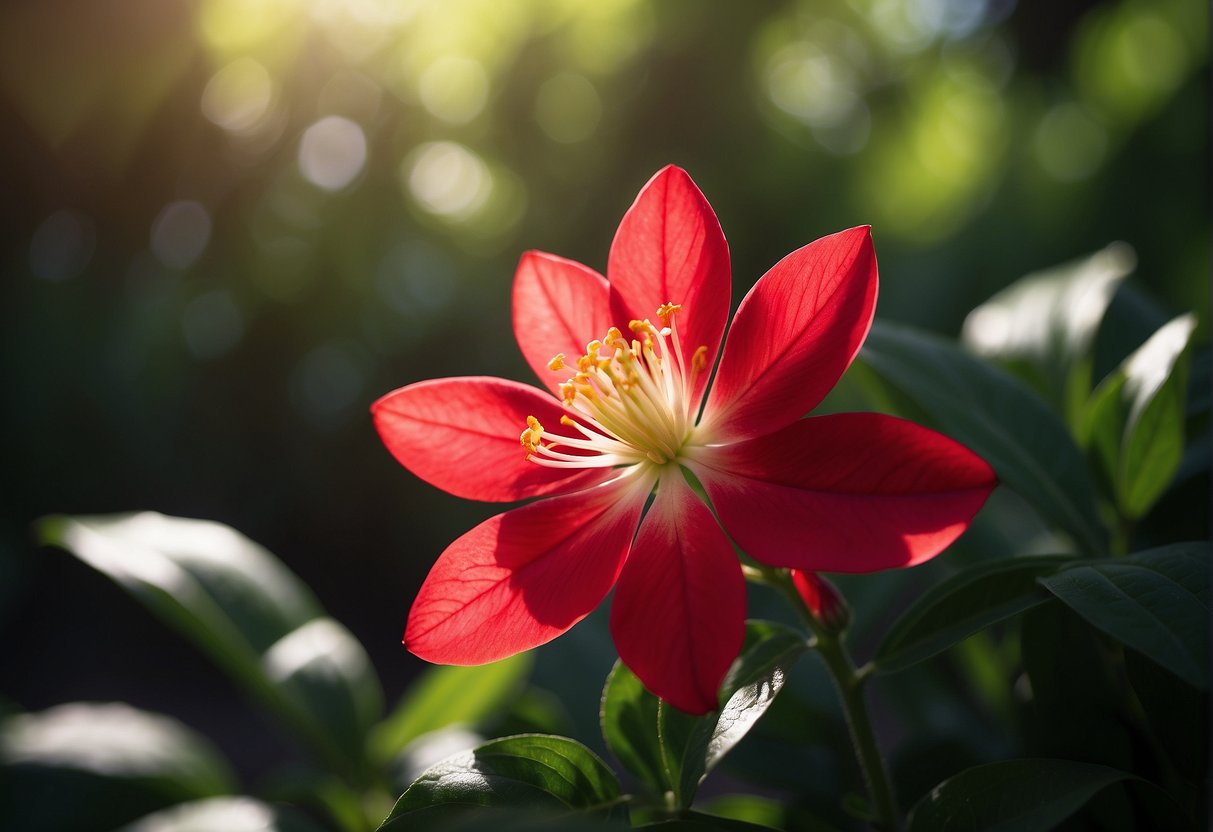 A single tsubaki flower blooms against a backdrop of lush green leaves, its vibrant red petals standing out in the sunlight