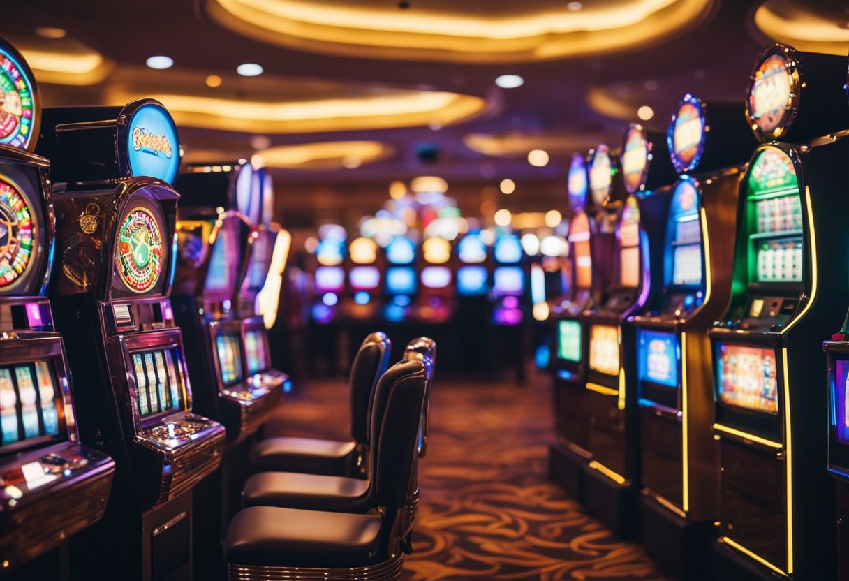 Colorful pokie machines with flashing lights and spinning reels in a vibrant casino setting
