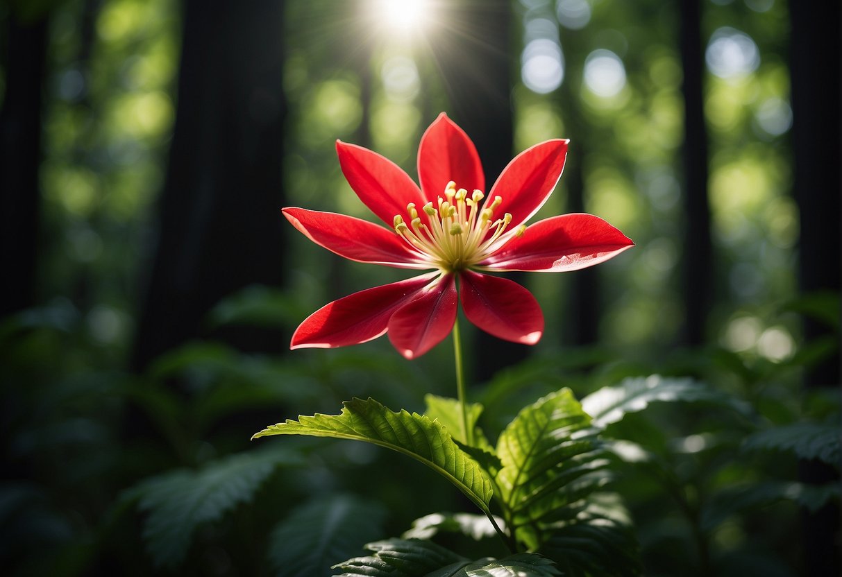 The tsubaki flower blooms in a lush, green forest, surrounded by tall trees and scattered sunlight. Its vibrant red petals stand out against the verdant backdrop