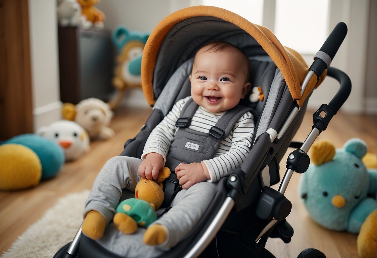 A baby sits comfortably in a stroller, surrounded by toys and blankets, with a happy and content expression on their face