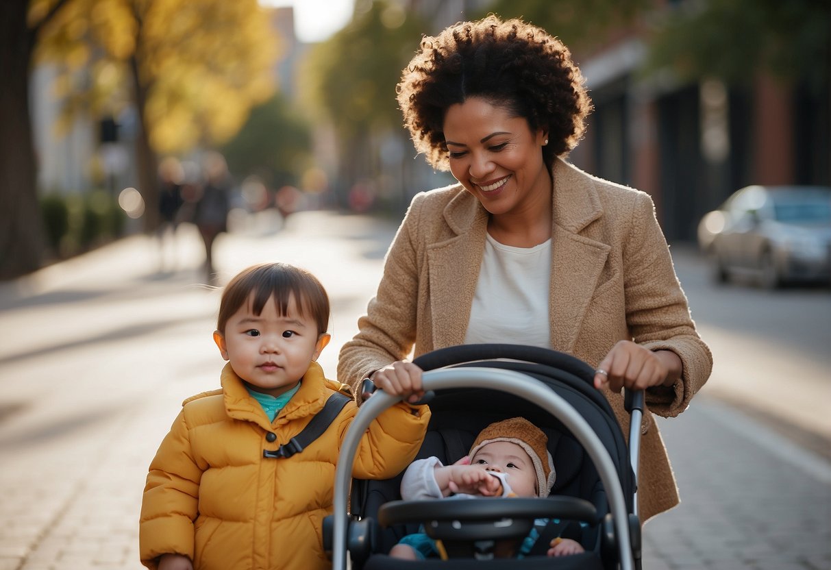 A parent gently guides a 2-year-old towards an open stroller, offering a favorite toy or snack as encouragement