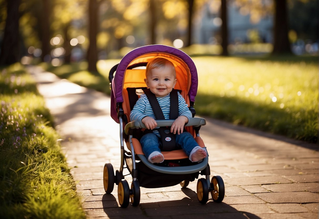 A 2-year-old sits contentedly in a colorful stroller, surrounded by toys and snacks. The sun shines down as the stroller glides smoothly along a tree-lined path