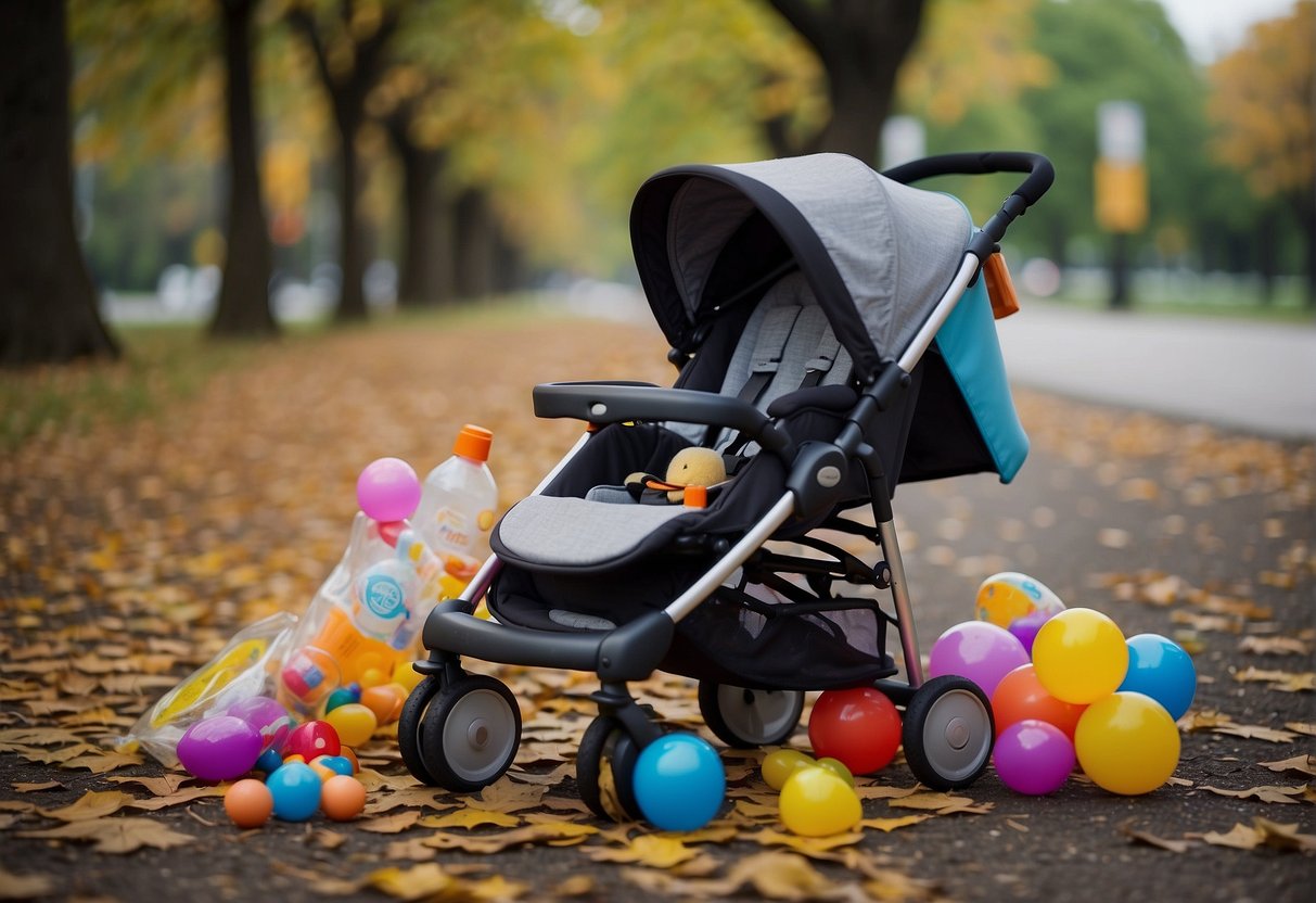 A stroller sits abandoned in a park, surrounded by colorful toys and a spilled juice box
