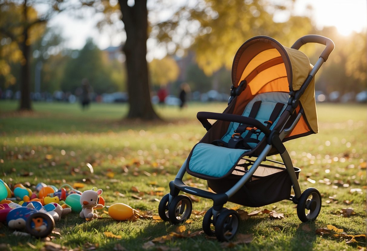 A child's abandoned stroller sits empty in a park, surrounded by scattered toys and a parent watching their child run freely