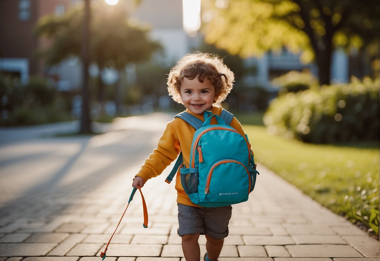 A child, age 3, happily walks alongside a parent, holding a colorful backpack leash. The parent smiles and encourages the child to explore their surroundings