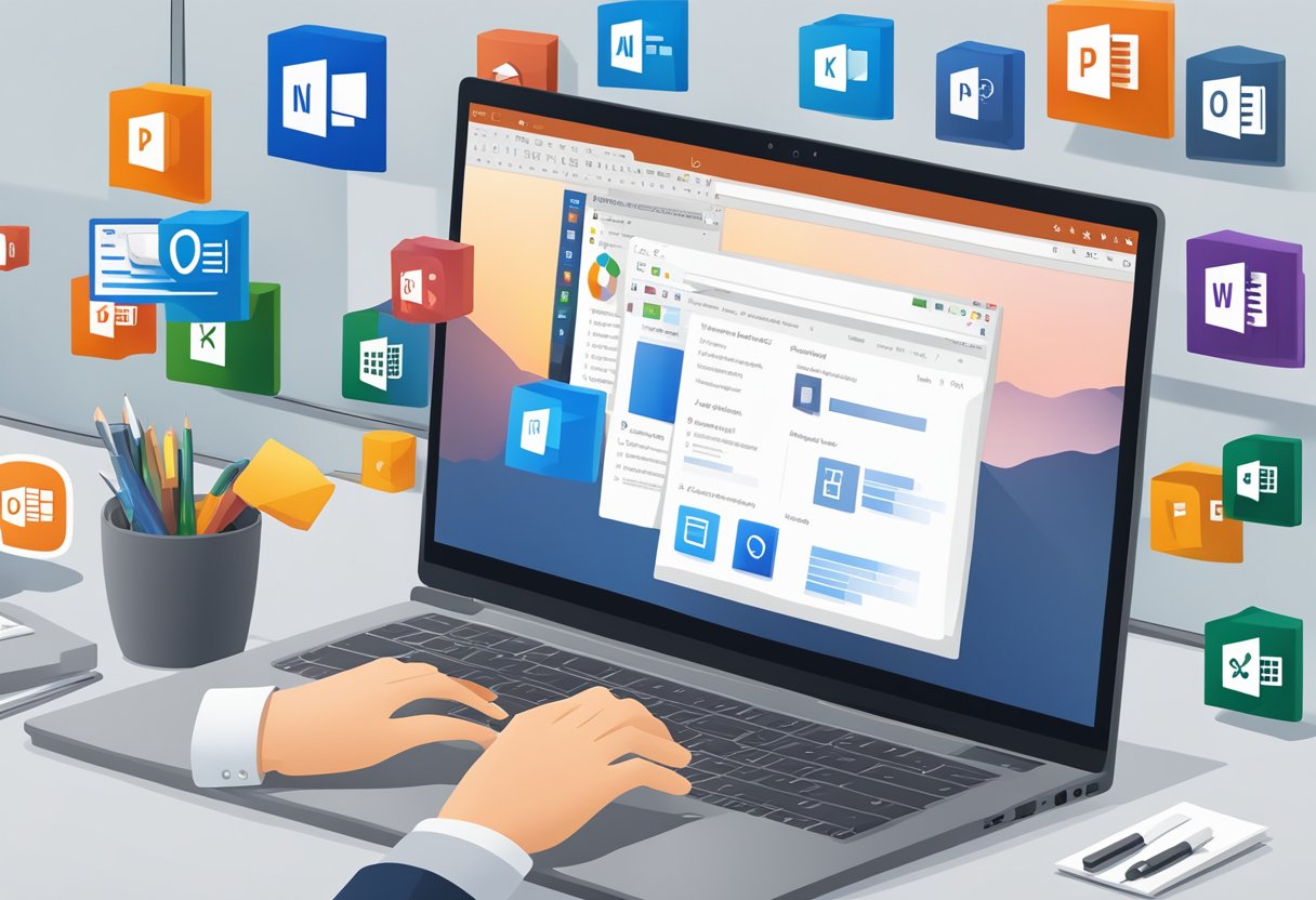 A laptop screen displaying the Microsoft Office application icons, with a cursor hovering over the "Uninstall" option in the settings menu