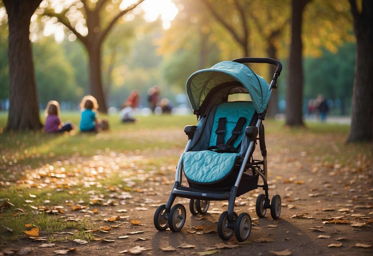 A child's abandoned stroller sits empty in a park, surrounded by older kids playing