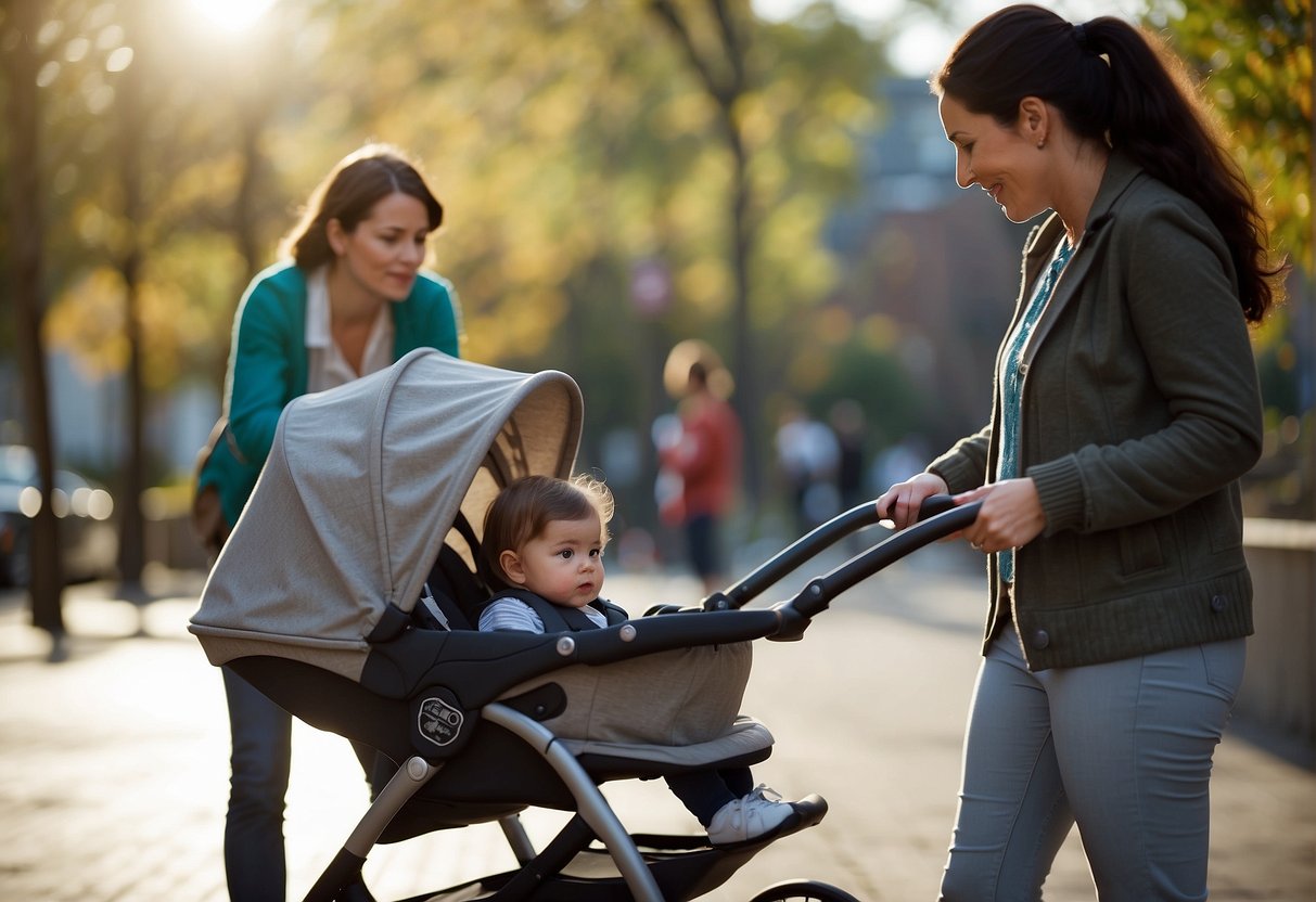 A parent comparing strollers, with a child standing nearby. The parent is considering the child's age and size while examining the stroller options