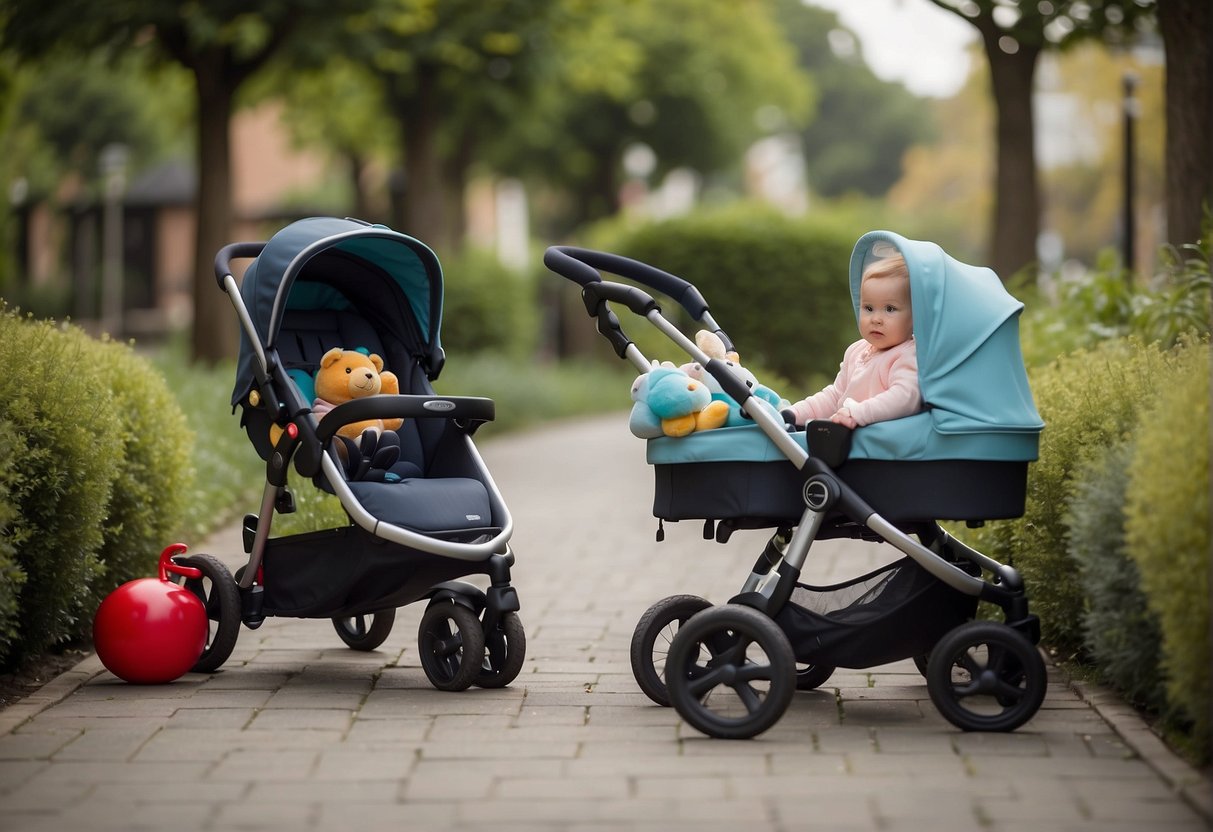 A pushchair with a three-year-old sitting comfortably inside, surrounded by toys and snacks, with a parent or caregiver pushing the stroller along a paved path