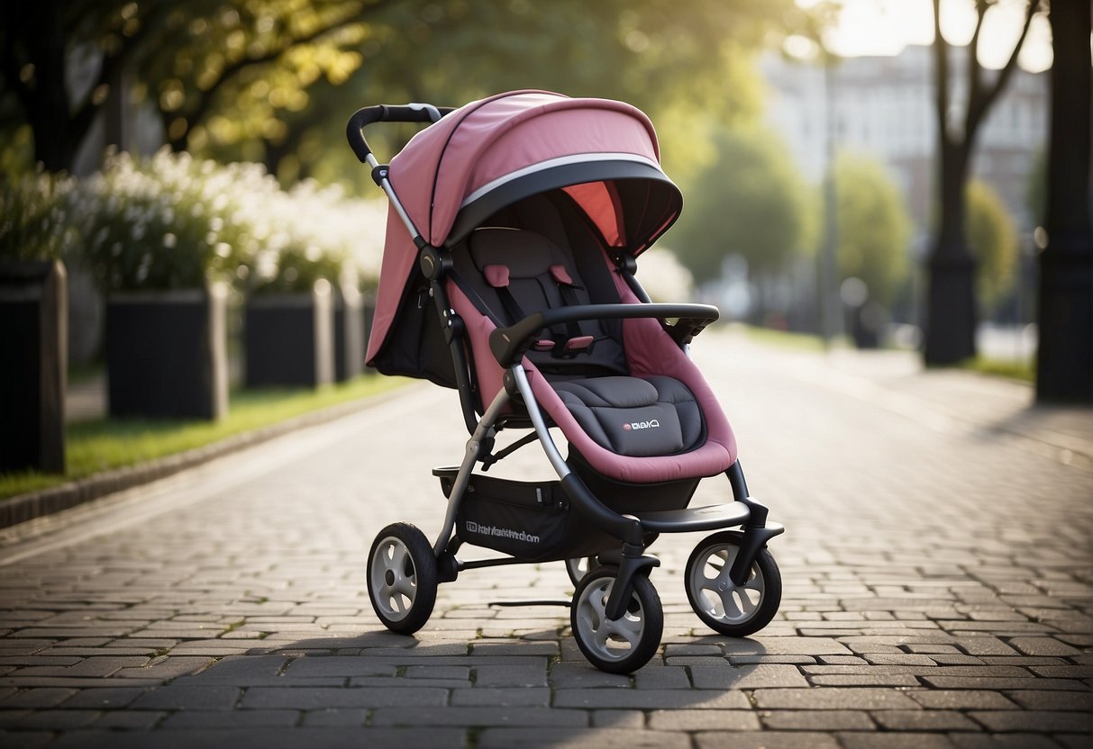 A sturdy pushchair with adjustable straps and padded seat, surrounded by safety features