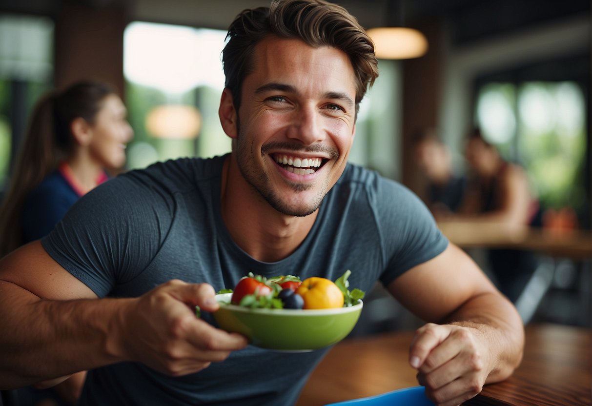 A person eating healthy food while exercising, with a happy expression on their face
