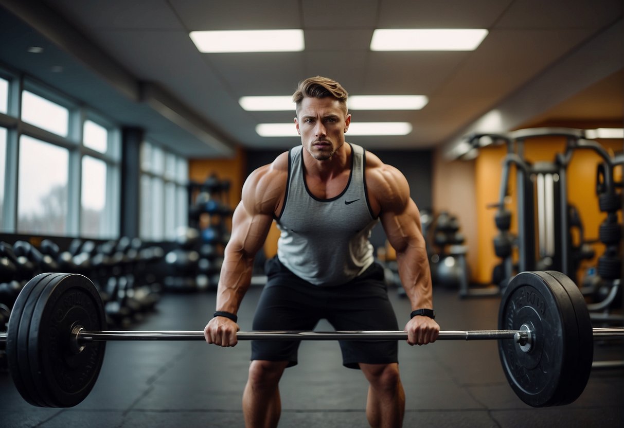 A person lifting weights in a gym, surrounded by healthy food and a positive atmosphere, with a sense of determination and focus
