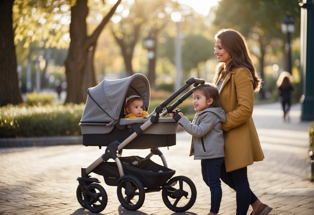 A parent carefully chooses a stroller, considering if a 5-year-old can fit inside
