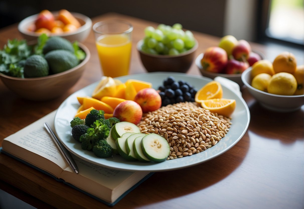 A colorful plate of fruits, vegetables, whole grains, and lean proteins, surrounded by a yoga mat, running shoes, and a book on mental wellness