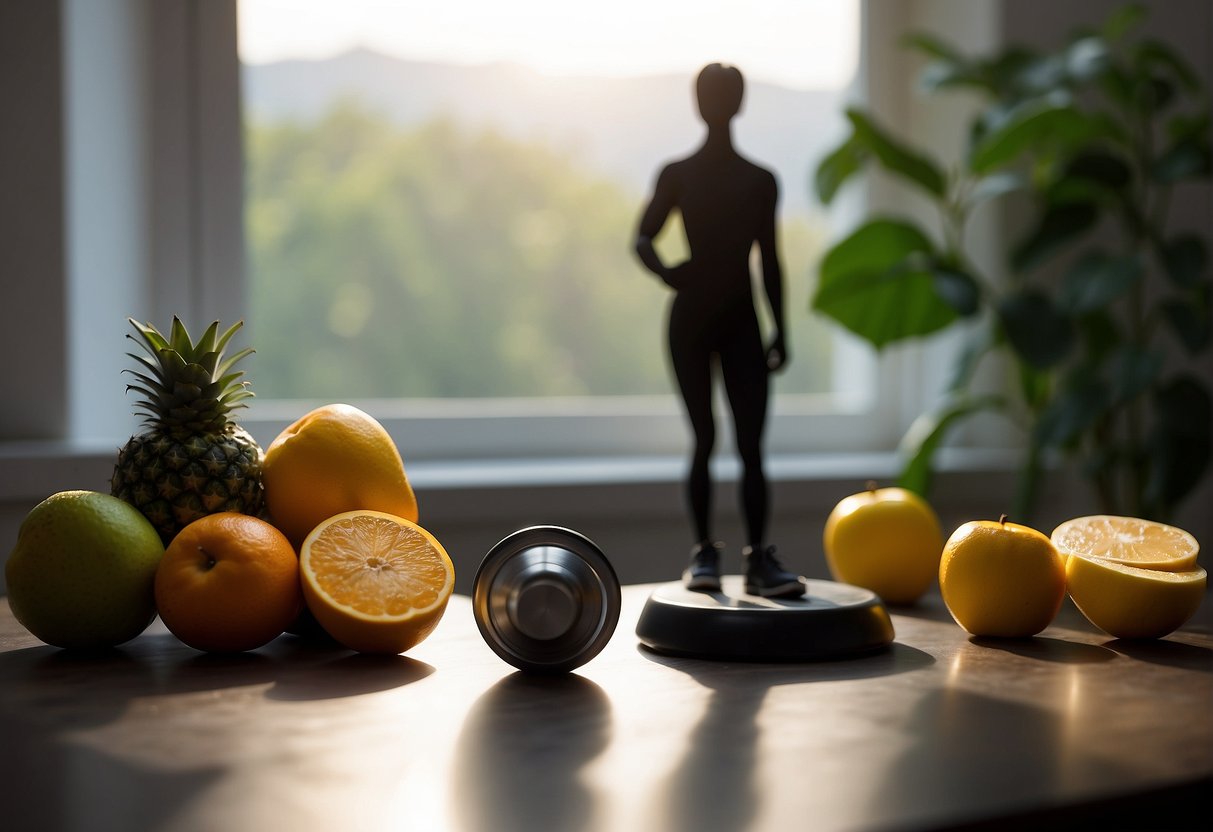A person's silhouette stands between a dumbbell and a plate of fruits, symbolizing the connection between fitness, nutrition, and mental health