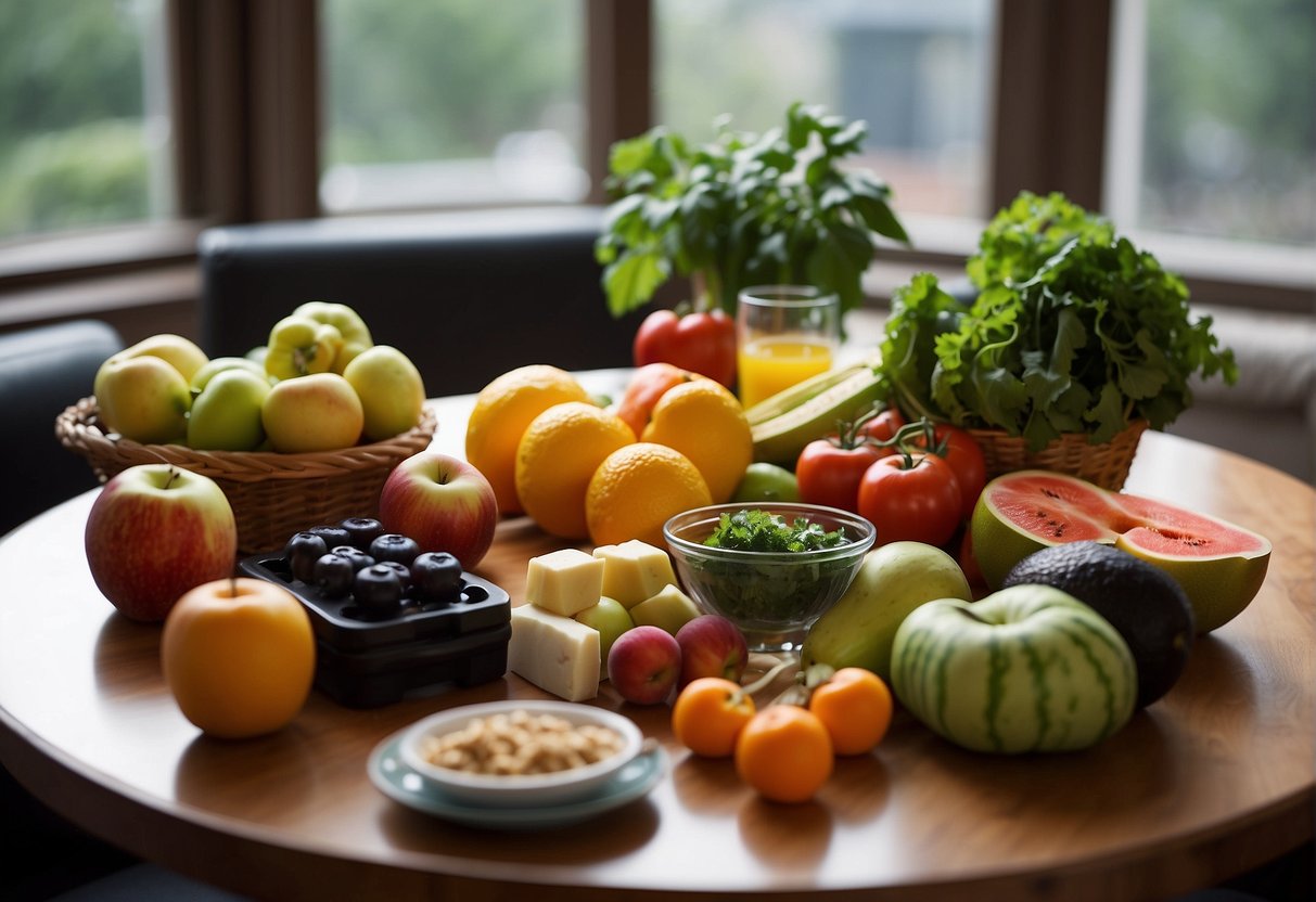 A person sitting at a table with a balanced meal, surrounded by fresh fruits and vegetables. A yoga mat and dumbbells are nearby, symbolizing the connection between fitness, nutrition, and mental health