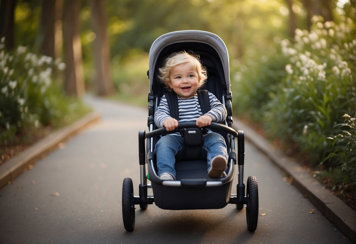 A child, too big for a pram, rides in a sturdy wagon with a comfortable seat and safety harness, pulled by a parent or caregiver