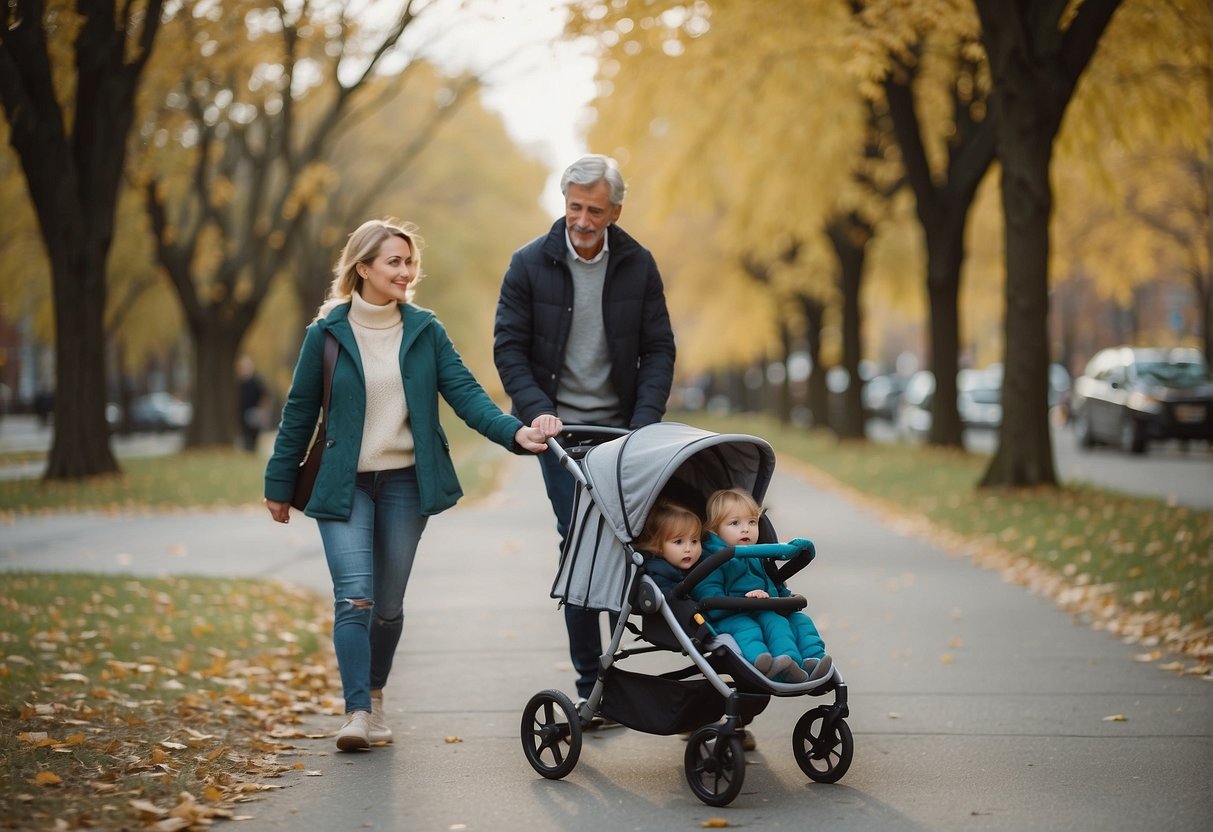 An older child walks alongside a parent, carrying a lightweight foldable stroller alternative