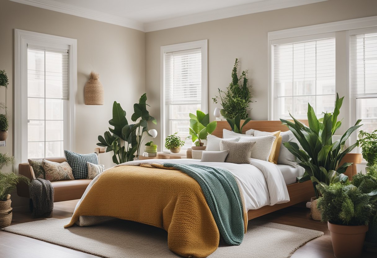 A cozy bedroom with a neutral palette gets a burst of color with vibrant throw pillows, a bold area rug, and fresh potted plants